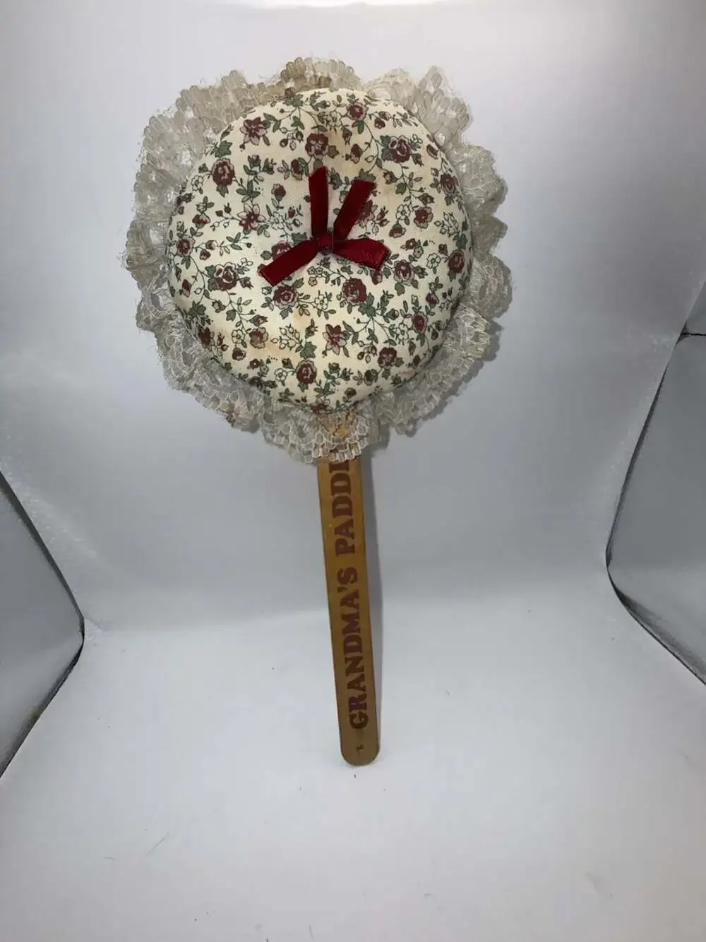 Vintage Floral Fabric and Lace Padded Paddle with Wooden Handle